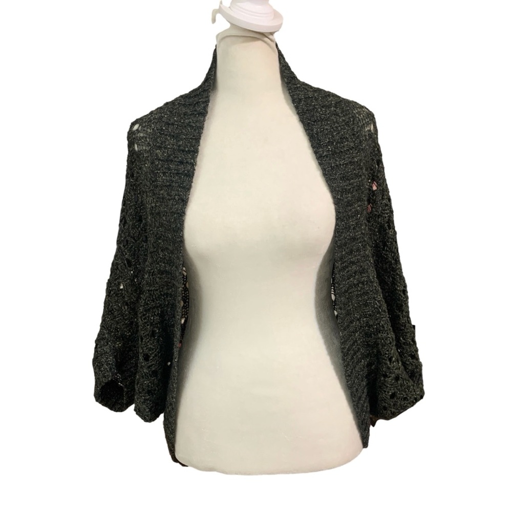 LOFT Black & Gold Heathered Mohair & Alpaca Blend Open Knit Cardigan Shawl